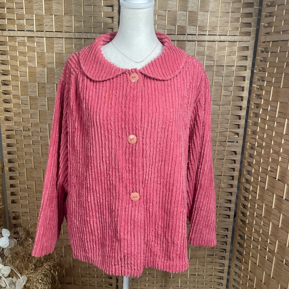 Pink Vintage Ribbed Chenille Button-Front Women's Jacket Shirt Housecoat